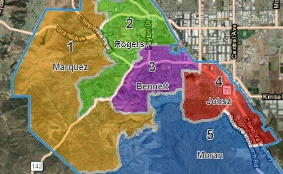 Chino Hills City Council District boundary map showing Districts 1–5: Marquez, Rogers, Bennett, Johsz, and Moran